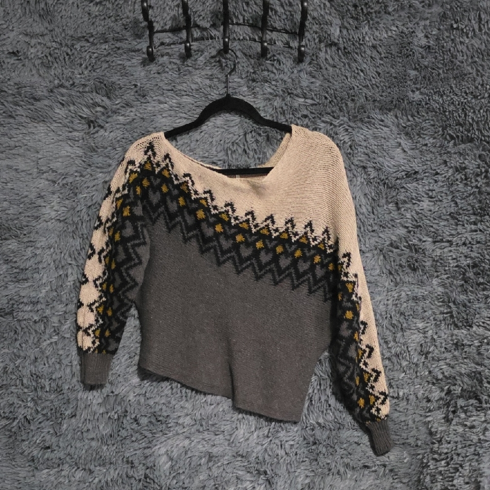 Free People Cream and Gray Off The Shoulder  Sweater